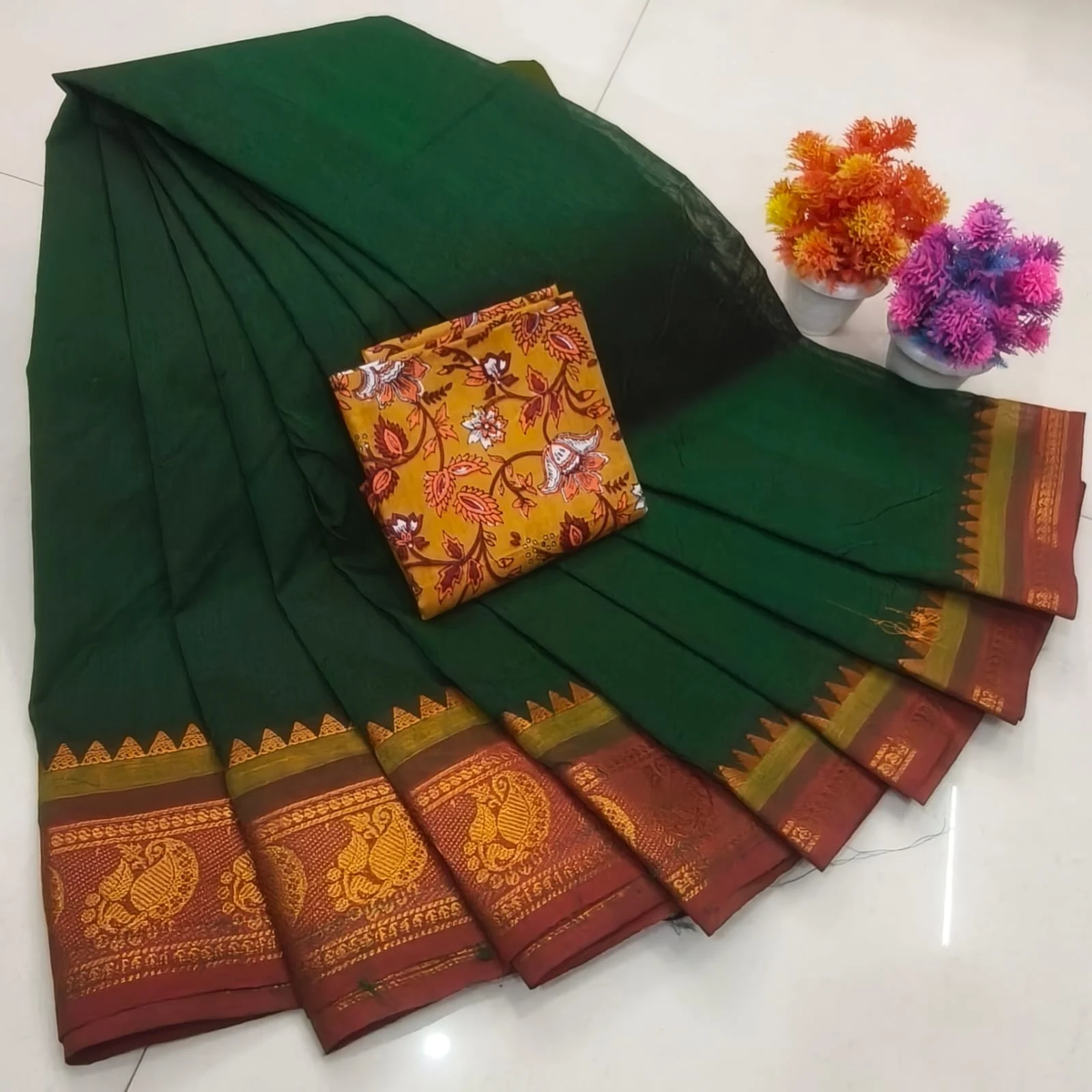 Bottle Green with Maroon Zari Border Peacock Motifs Chettinad Cotton Saree